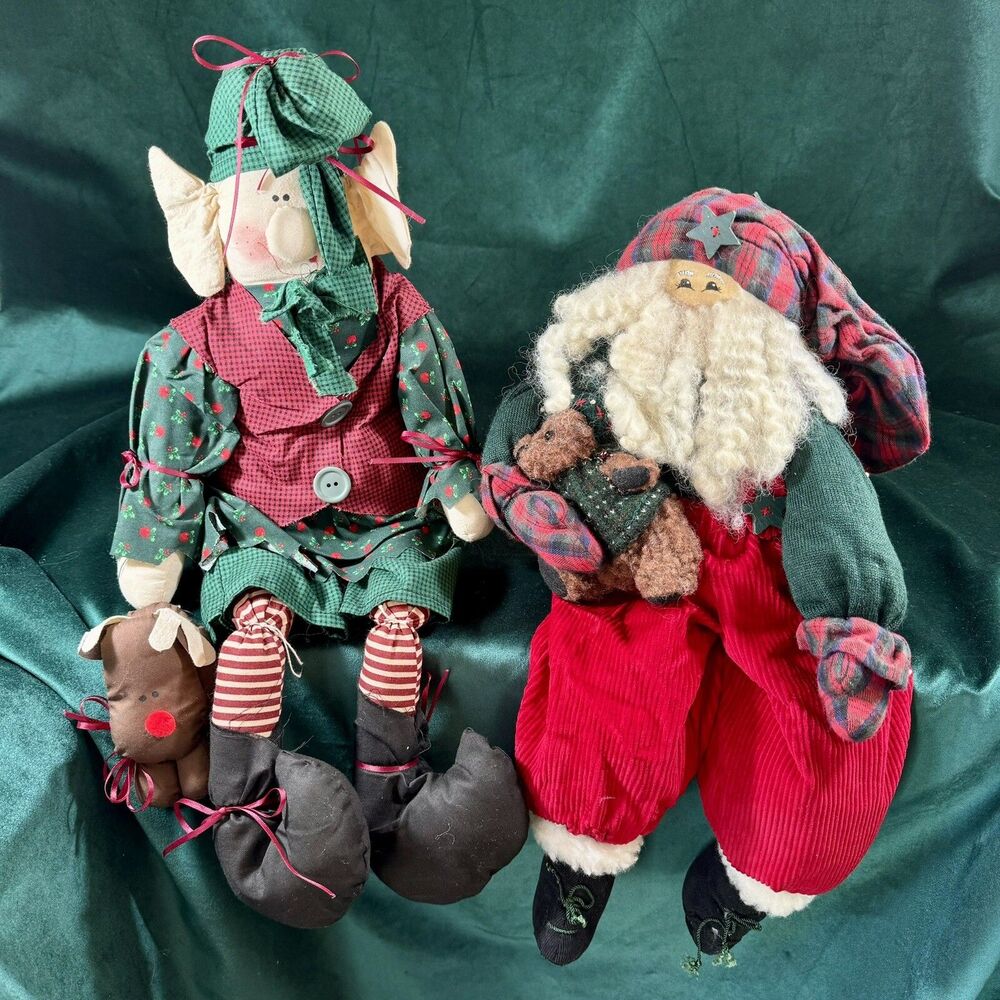 Cloth Santa Claus With Teddy Bear & Elf With Reindeer Shelf Sitters Decor